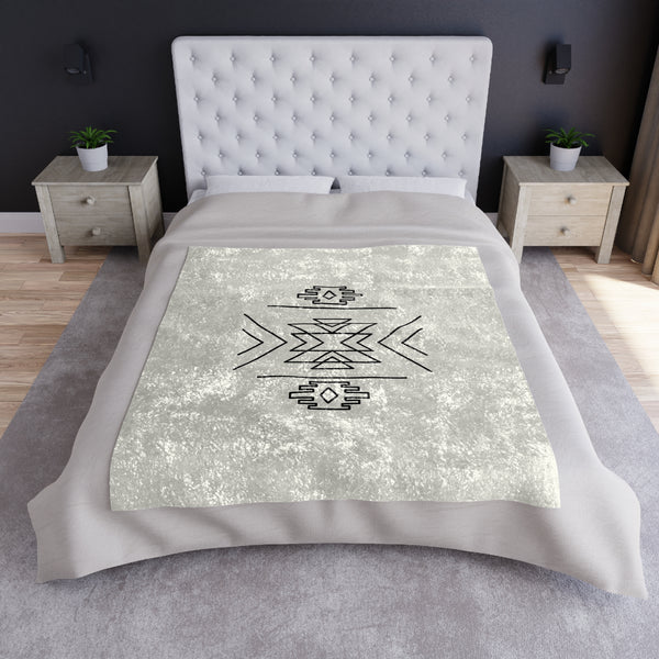 Crushed Velvet Blanket Aztec Motif Print, Boho Throw for Bedroom Living Room