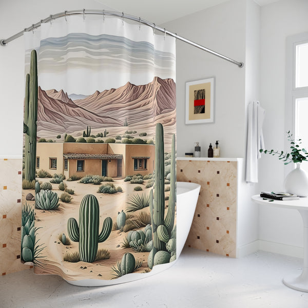 Scenic Desert Shower Curtain with Cactus and Adobe Design, Southwest Bathroom Decor, Boho Vibes, and Rustic Western Style