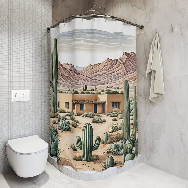 Scenic Desert Shower Curtain with Cactus and Adobe Design, Southwest Bathroom Decor, Boho Vibes, and Rustic Western Style