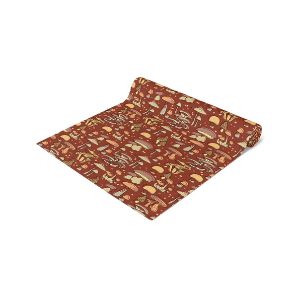 Table Runner Cotton or Poly, Groovy Brown Mushroom Print, Two Sizes