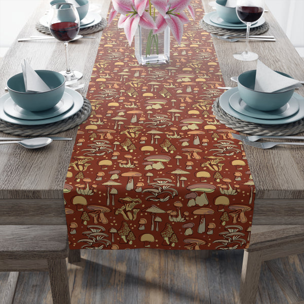 Table Runner Cotton or Poly, Groovy Brown Mushroom Print, Two Sizes