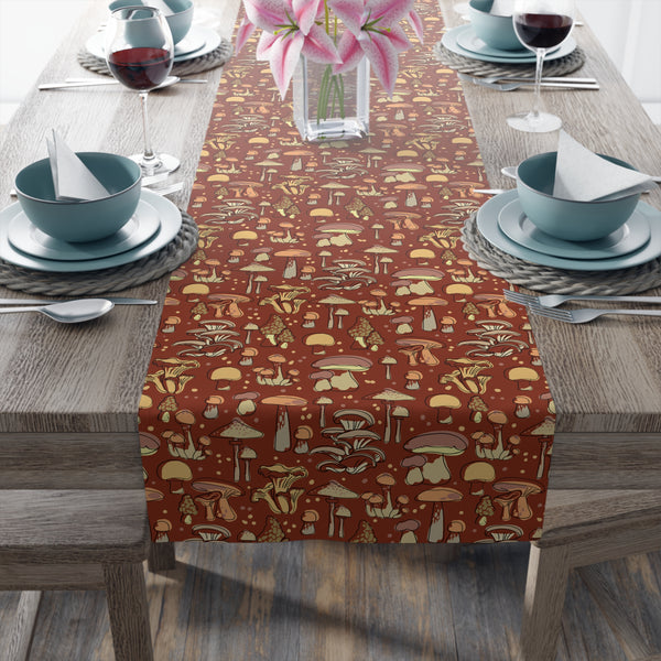 Table Runner Cotton or Poly, Groovy Brown Mushroom Print, Two Sizes