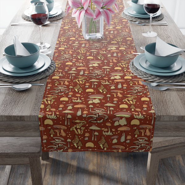 Table Runner Cotton or Poly, Groovy Brown Mushroom Print, Two Sizes