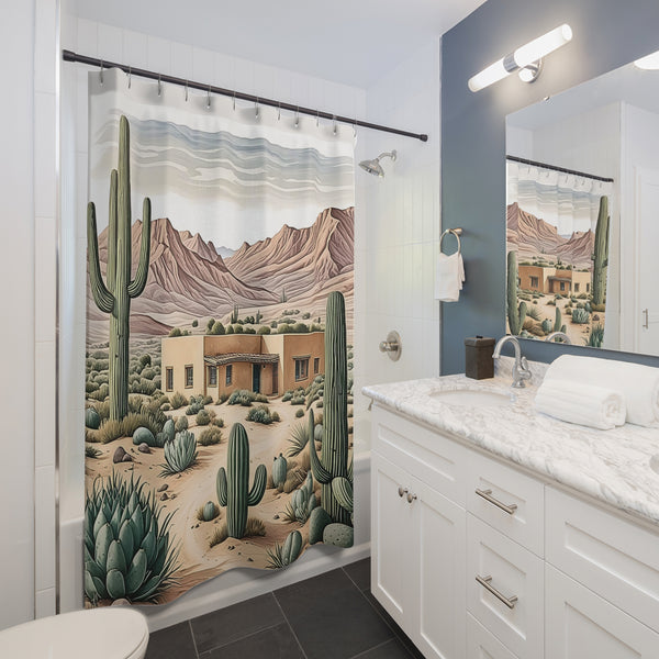 Scenic Desert Shower Curtain with Cactus and Adobe Design, Southwest Bathroom Decor, Boho Vibes, and Rustic Western Style