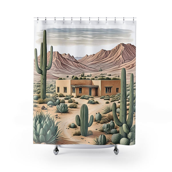 Scenic Desert Shower Curtain with Cactus and Adobe Design, Southwest Bathroom Decor, Boho Vibes, and Rustic Western Style