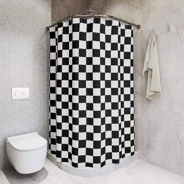 Checkered Black White Shower Curtain, Bathroom Decor Durable Polyester, Buttonholes for Hanging 71 x 74"