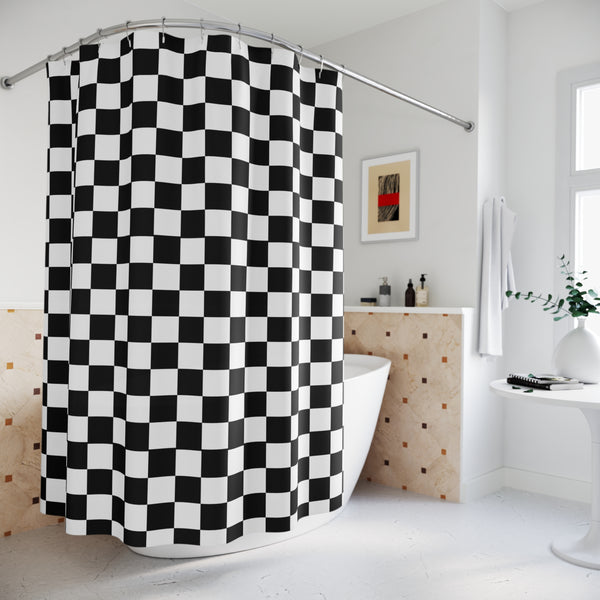 Checkered Black White Shower Curtain, Bathroom Decor Durable Polyester, Buttonholes for Hanging 71 x 74"