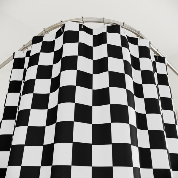Checkered Black White Shower Curtain, Bathroom Decor Durable Polyester, Buttonholes for Hanging 71 x 74"