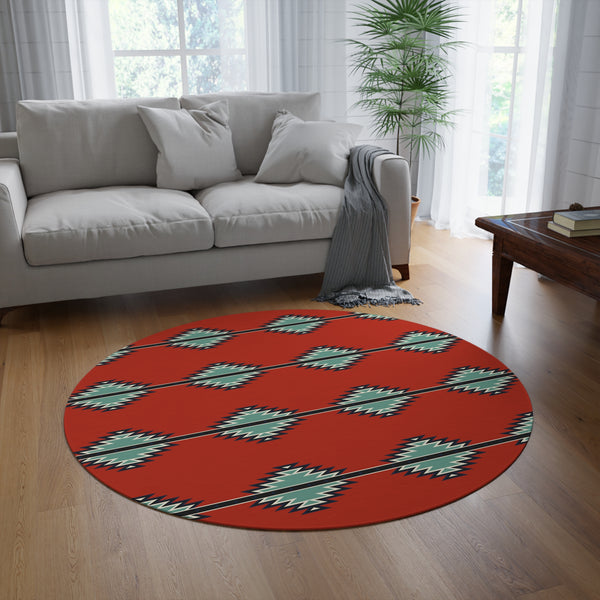 Southwestern Round Rug, Reds River Print One Size, Polyester Chenille