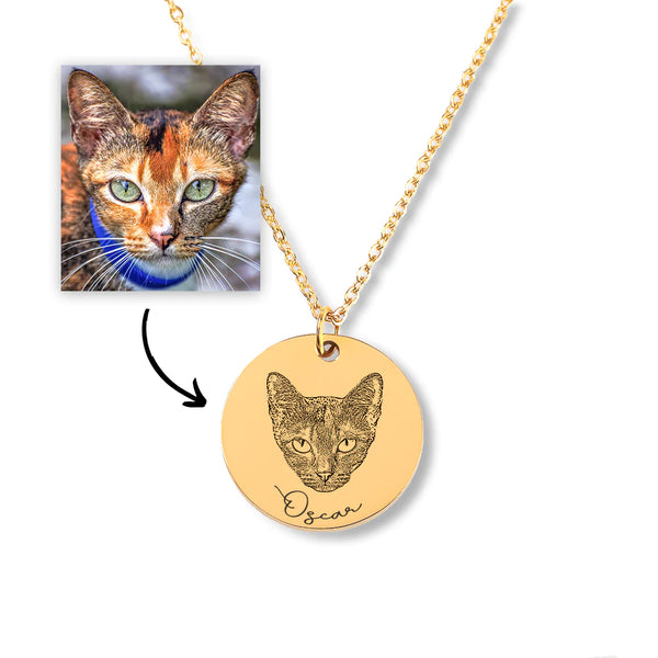 Cat Portrait Necklace with Optional Name Graving Upload Cat Portrait Customized Cat Gifts for Cat Lovers