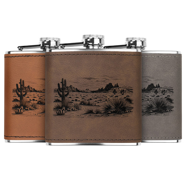 Cactus Desert Stainless Steel Flask with Leather Bound Accent