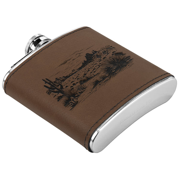 Cactus Desert Stainless Steel Flask with Leather Bound Accent