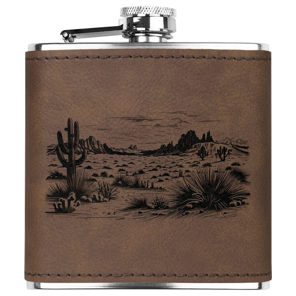 Cactus Desert Stainless Steel Flask with Leather Bound Accent