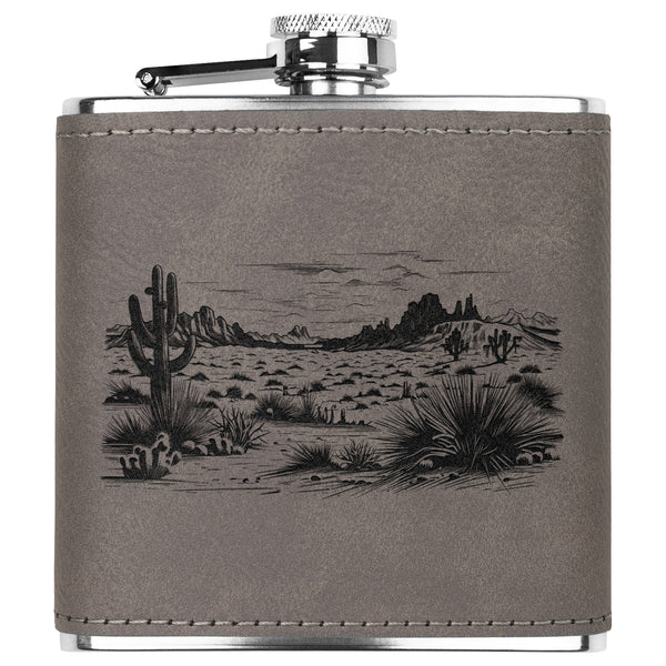 Cactus Desert Stainless Steel Flask with Leather Bound Accent