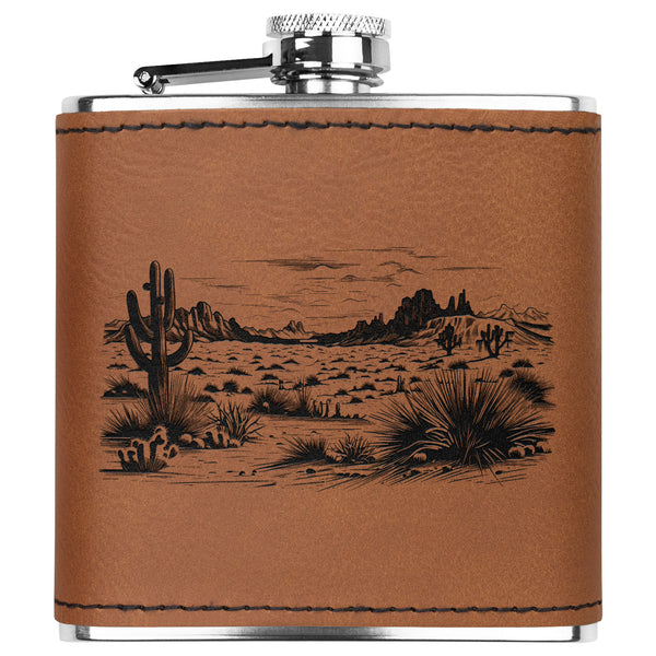Cactus Desert Stainless Steel Flask with Leather Bound Accent