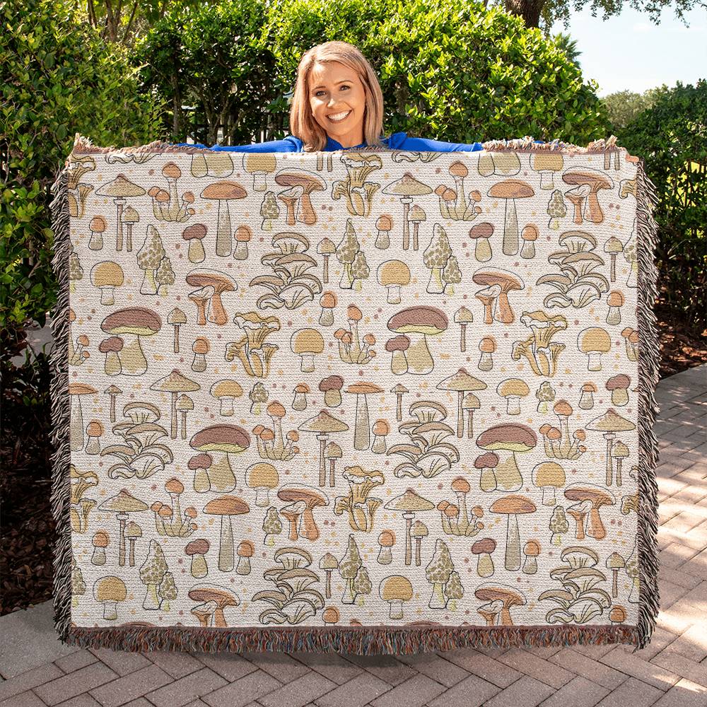 Mushroom Blanket with Fringe, Heirloom Woven Mushroom Blanket 100% Cotton 50" x 60"