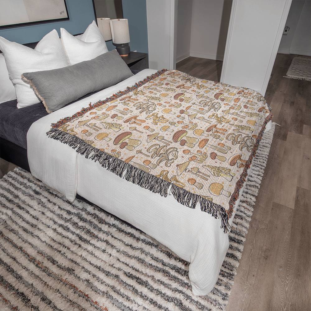 Mushroom Blanket with Fringe, Heirloom Woven Mushroom Blanket 100% Cotton 50" x 60"