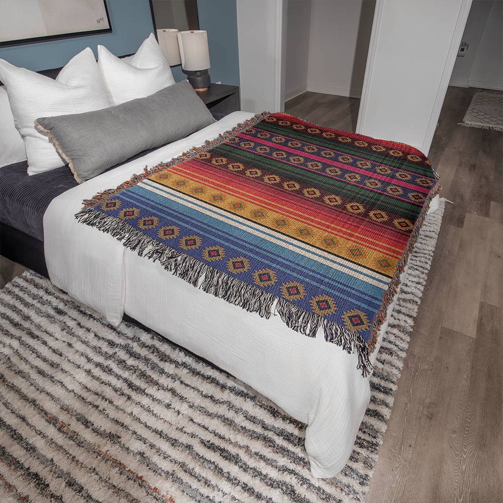 Mexican Rug Southwestern Heirloom Woven Blanket, 100% Cotton