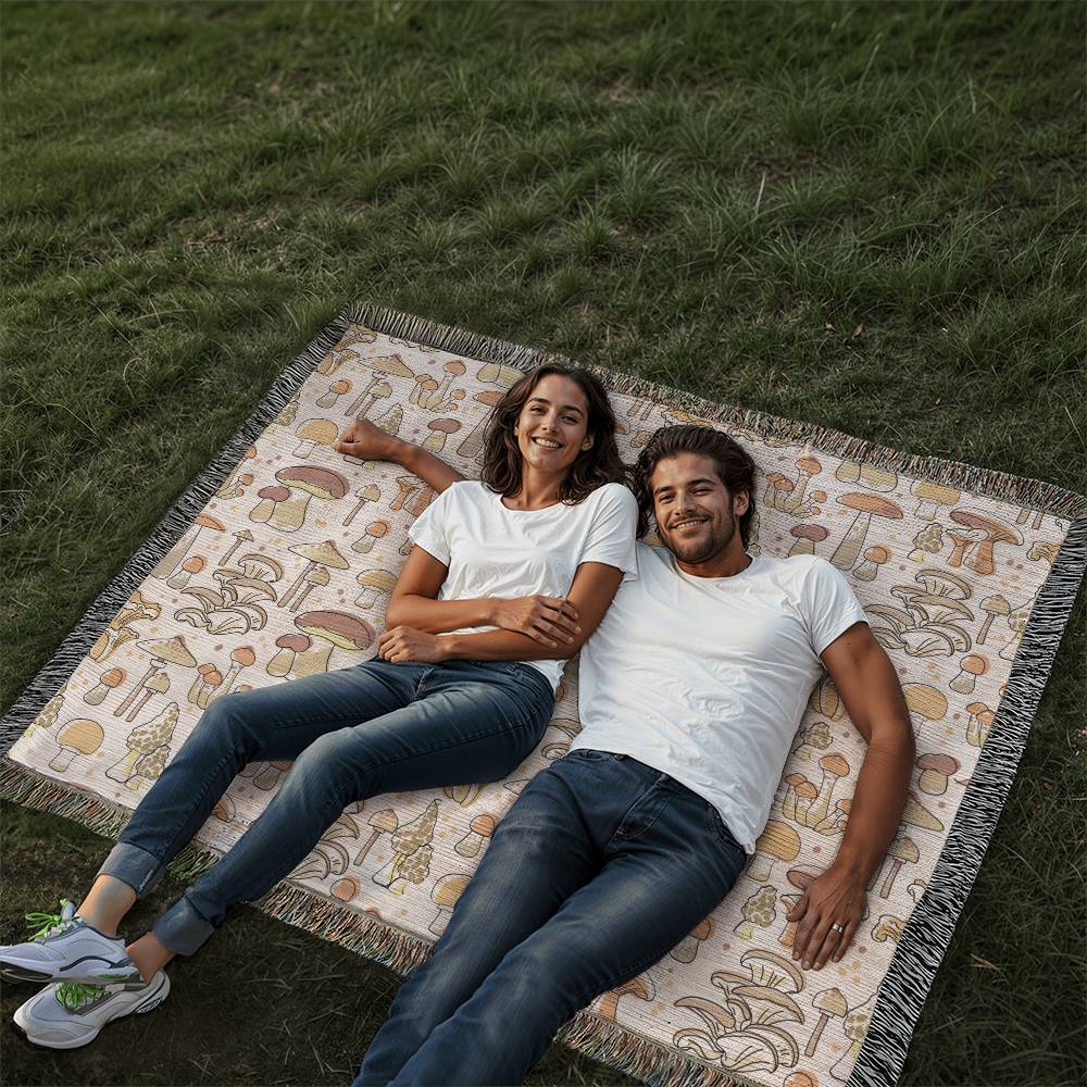 Mushroom Blanket with Fringe, Heirloom Woven Mushroom Blanket 100% Cotton 50" x 60"