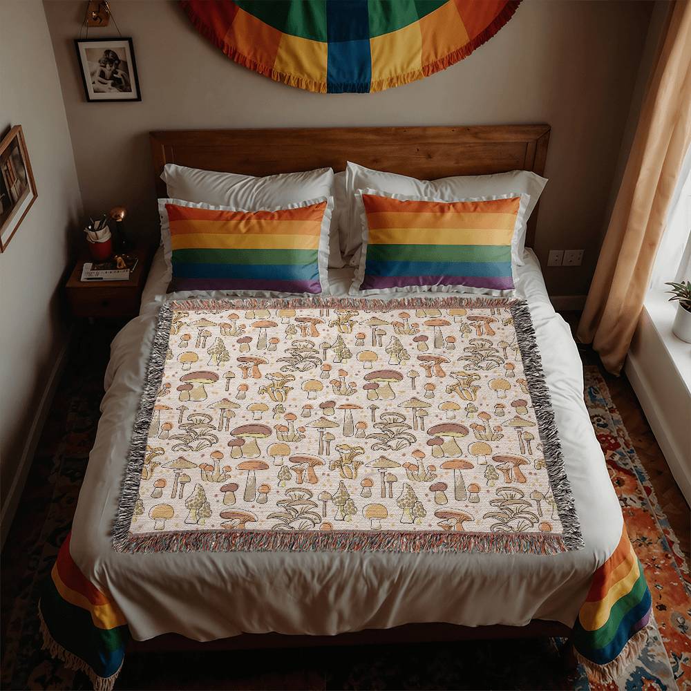 Mushroom Blanket with Fringe, Heirloom Woven Mushroom Blanket 100% Cotton 50" x 60"