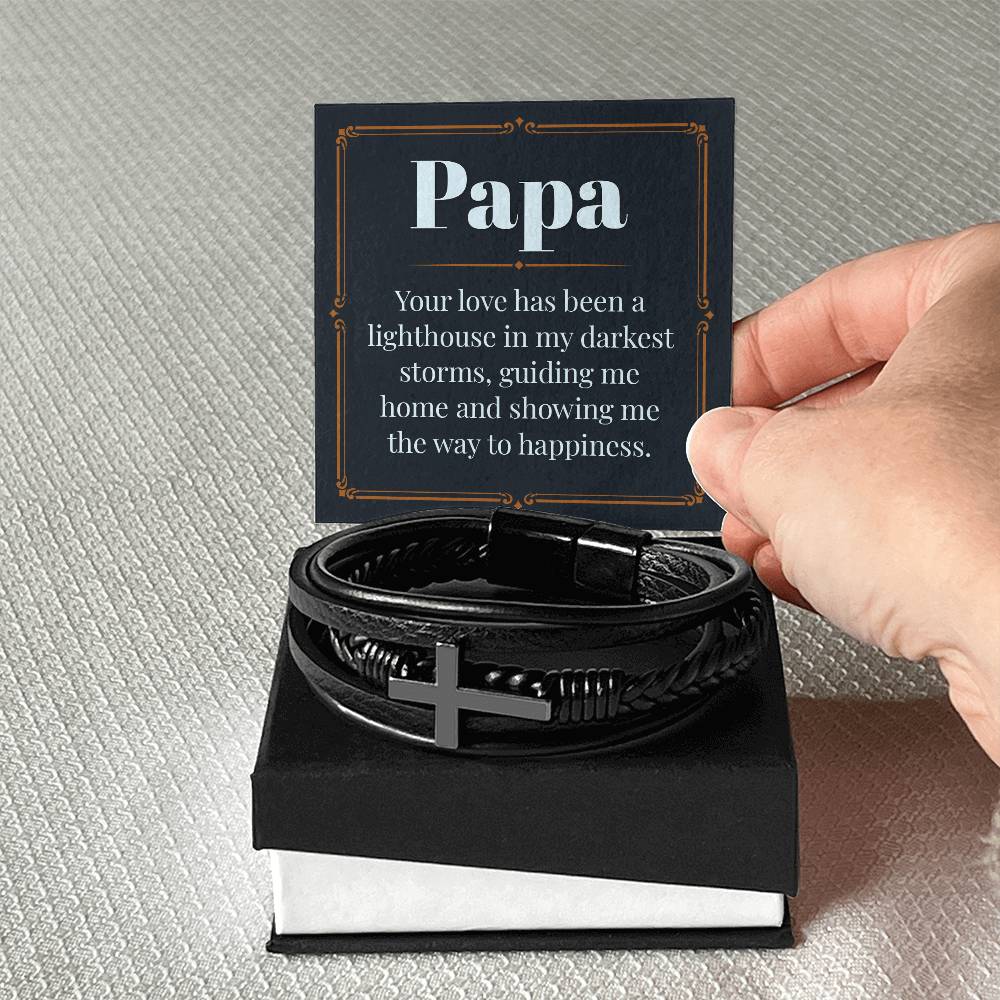 Gifts for Papa Cross Pendent Leather Bracelet, Gifts for Dad Gifts for Grandpa