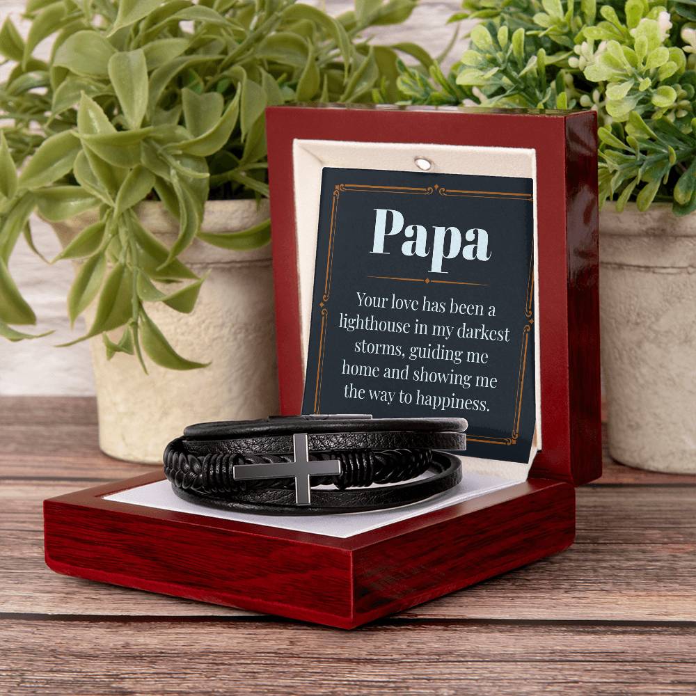 Gifts for Papa Cross Pendent Leather Bracelet, Gifts for Dad Gifts for Grandpa