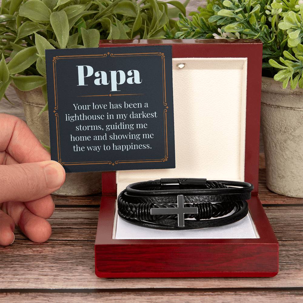 Gifts for Papa Cross Pendent Leather Bracelet, Gifts for Dad Gifts for Grandpa