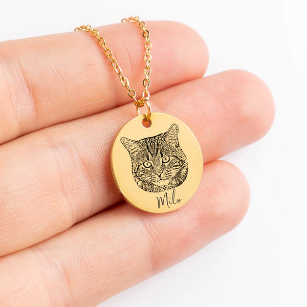 Cat Portrait Necklace with Optional Name Graving Upload Cat Portrait Customized Cat Gifts for Cat Lovers