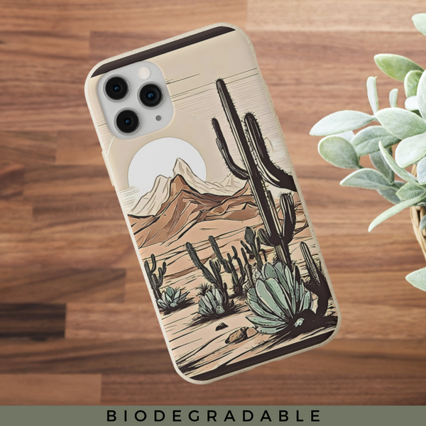 Phone Case, Rustic Desert Scene iPhone Samsung Biodegradable Cover - Eco-Friendly Sustainable Cactus Print, Arizona Joshua Tree Gift