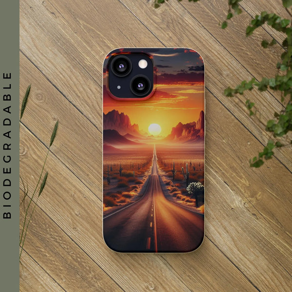 Sunset Desert Road Biodegradable Phone Case for Samsung and iPhone, Eco-Friendly Cover, Sustainable Protective Case, Compostable Mobile