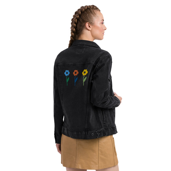 Women's Floral Denim Jacket with Embroidered Flowers on Chest and Back