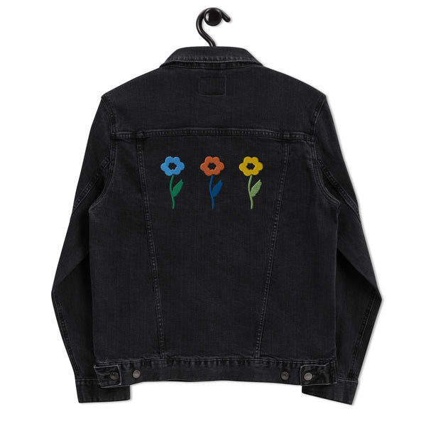 Women's Floral Denim Jacket with Embroidered Flowers on Chest and Back
