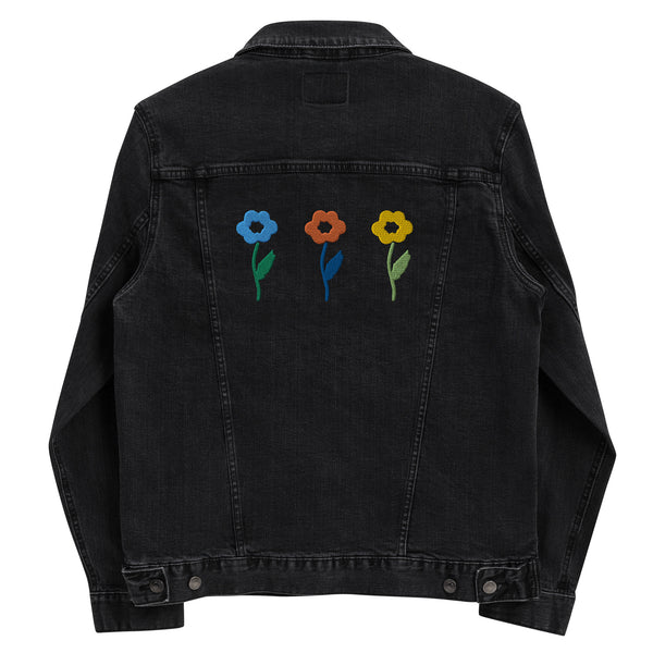 Women's Floral Denim Jacket with Embroidered Flowers on Chest and Back