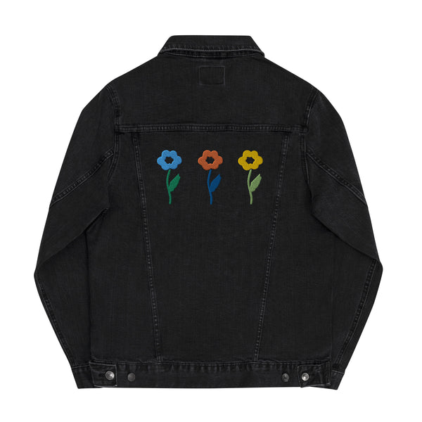 Women's Floral Denim Jacket with Embroidered Flowers on Chest and Back