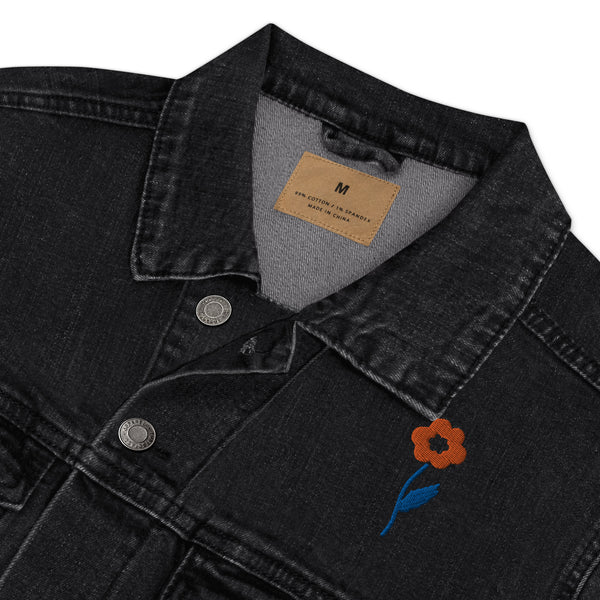 Women's Floral Denim Jacket with Embroidered Flowers on Chest and Back