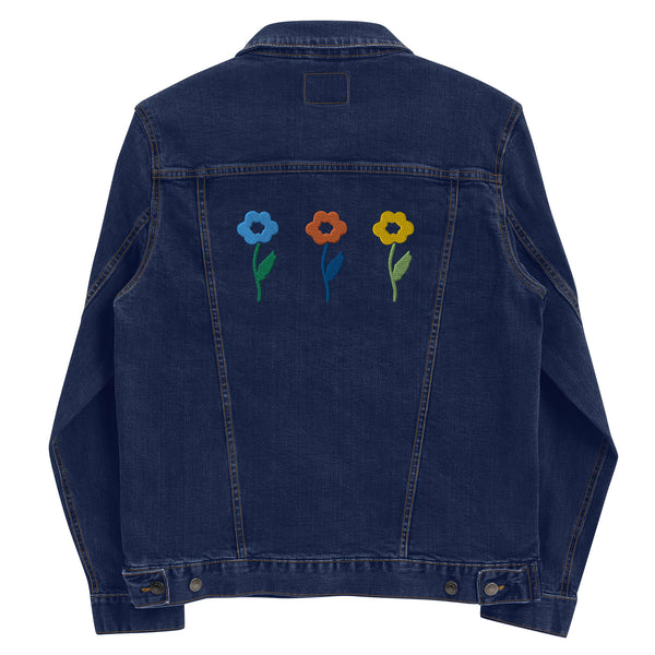 Women's Floral Denim Jacket with Embroidered Flowers on Chest and Back