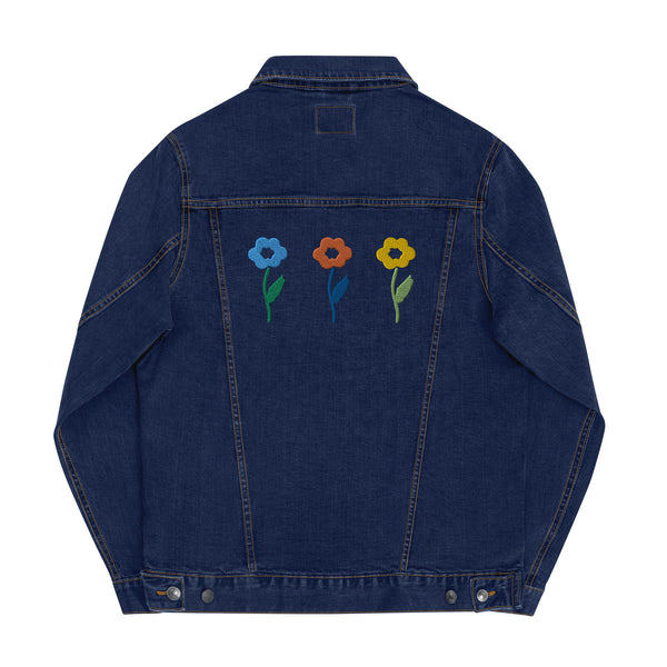 Women's Floral Denim Jacket with Embroidered Flowers on Chest and Back