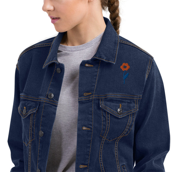 Women's Floral Denim Jacket with Embroidered Flowers on Chest and Back
