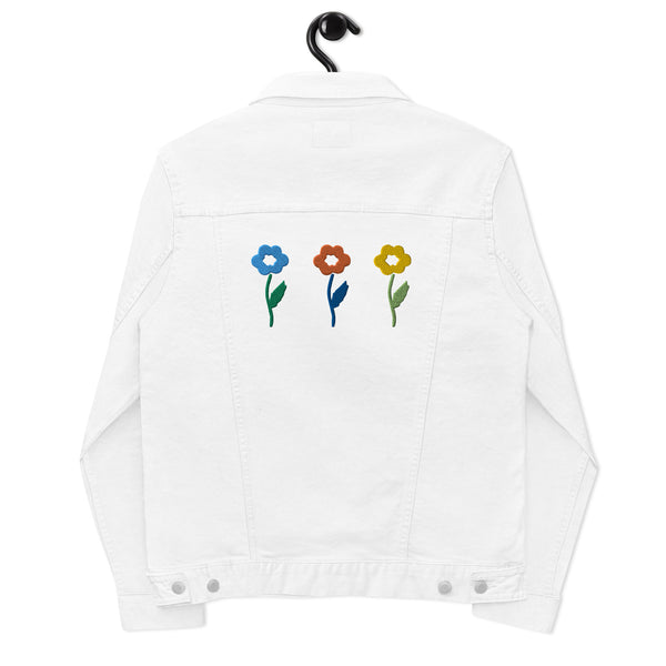Women's Floral Denim Jacket with Embroidered Flowers on Chest and Back