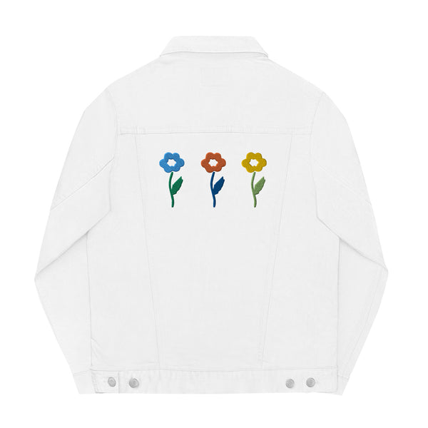 Women's Floral Denim Jacket with Embroidered Flowers on Chest and Back