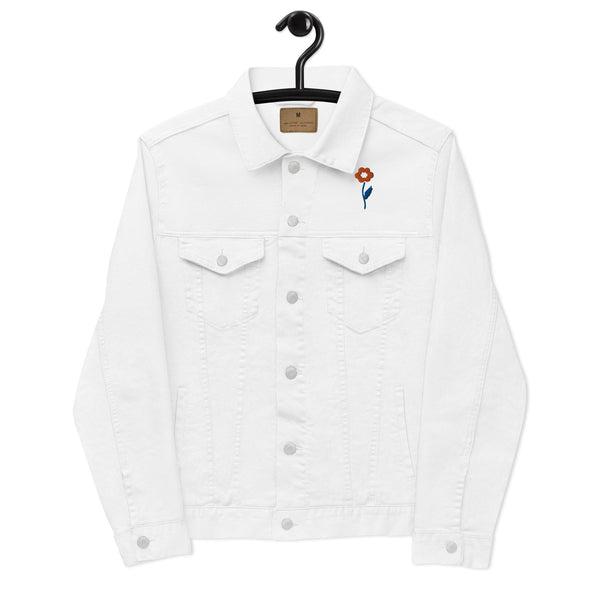 Women's Floral Denim Jacket with Embroidered Flowers on Chest and Back