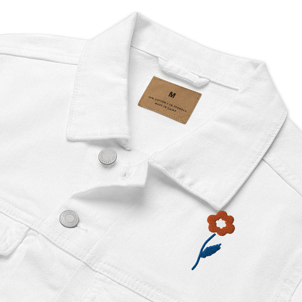 Women's Floral Denim Jacket with Embroidered Flowers on Chest and Back