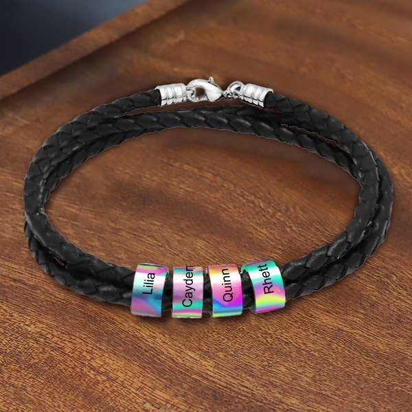 Customizable Name Braided Leather String Beaded Bracelet Engraving Bangle