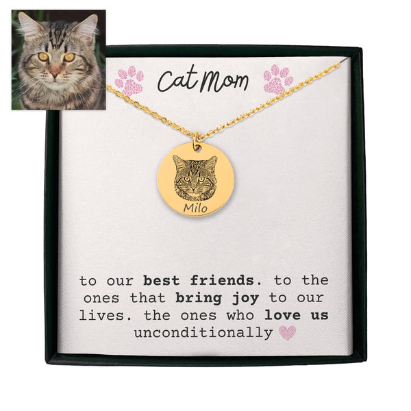 Cat Portrait Necklace with Optional Name Graving Upload Cat Portrait Customized Cat Gifts for Cat Lovers