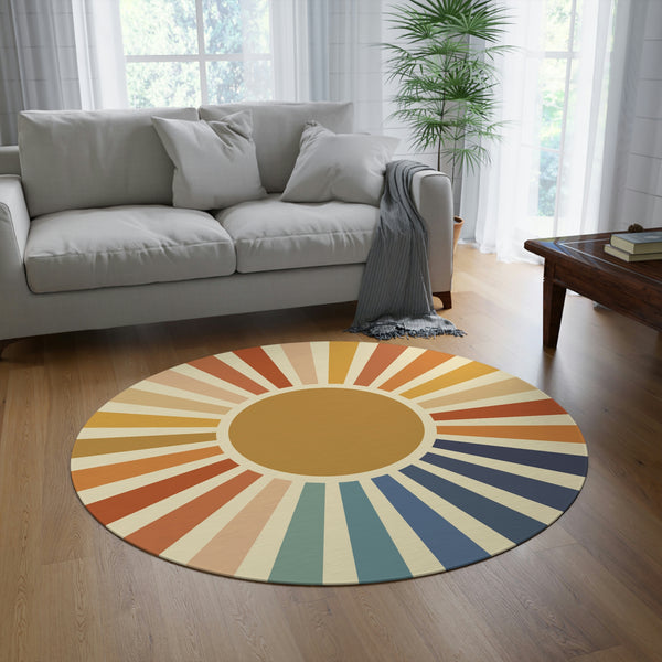 Living Room Round Rug Vibrant Pastel Sunburst, Polyester Chenille One Size
