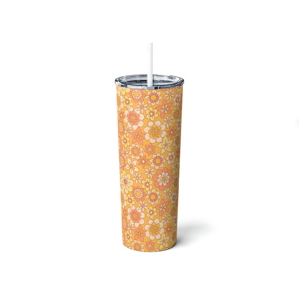 Vaso de acero con pajita, 20 oz, diseño floral