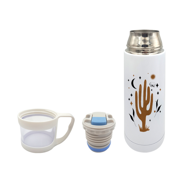 Botella de viaje Cactus Flower Drinkware Botella de agua con aislamiento térmico de acero inoxidable blanco con taza 12 oz