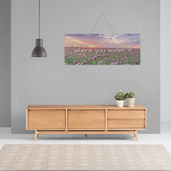 The Grass is Greener Floral Field 24" x 10" Wooden Plaque with Rope