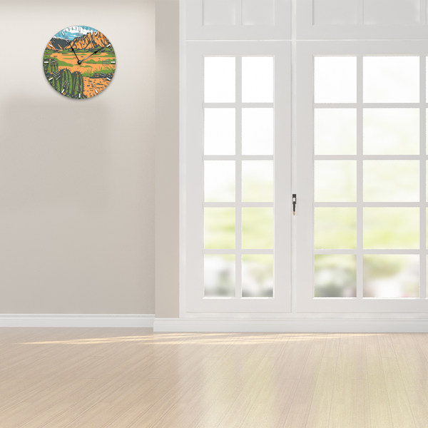 Wall Clock Silent Round Non-ticking Wooden Wall Clock 12" Desert Mountain Scene