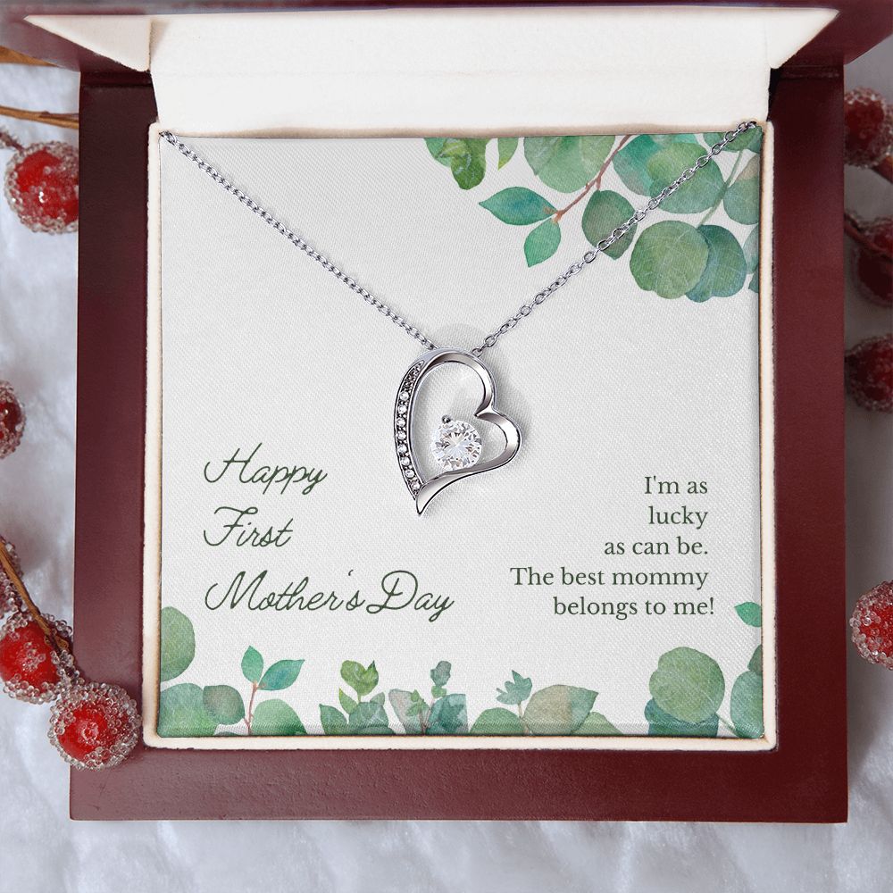 Happy First Mother's Day Gift Heart Necklace, 1st Mother's White or Yellow gold